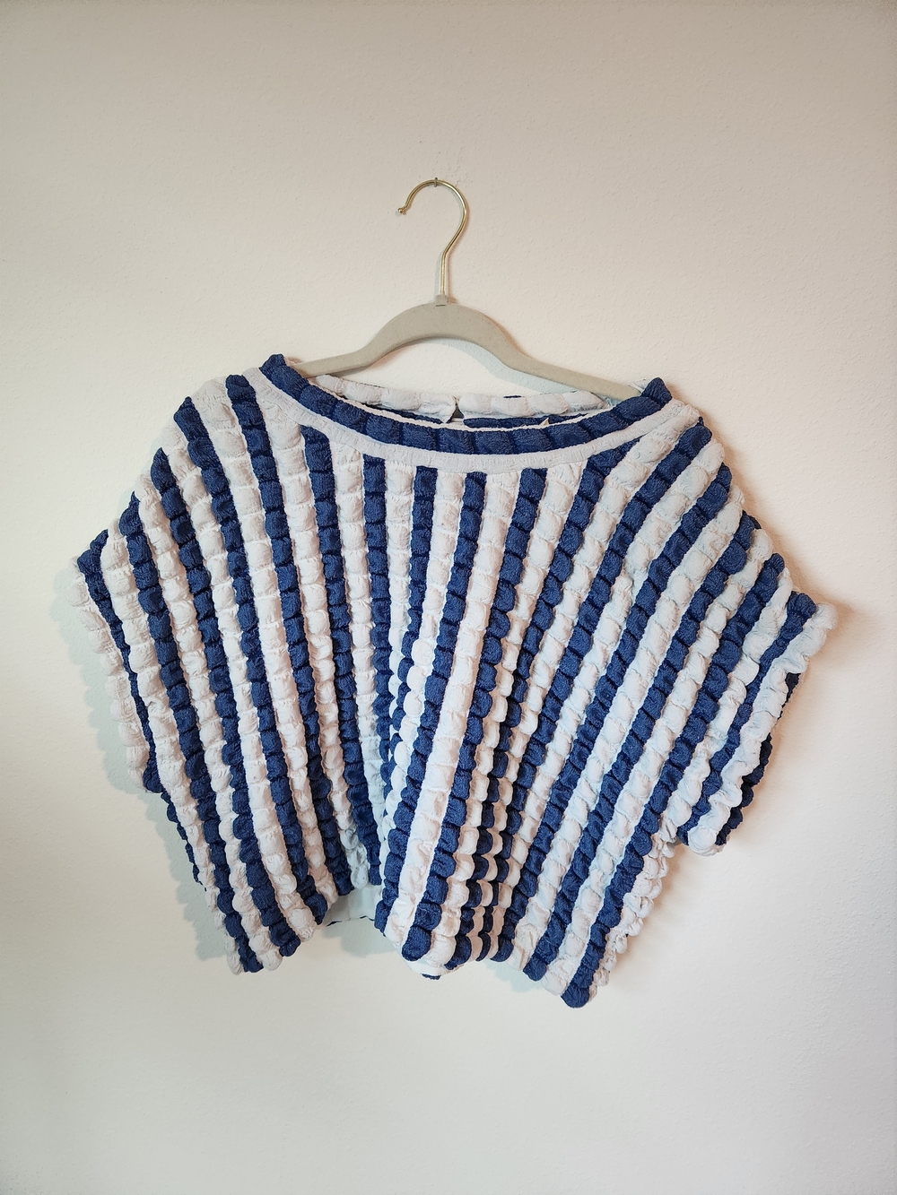 Entro Navy & White Striped Pucker-Texture Poncho Top!